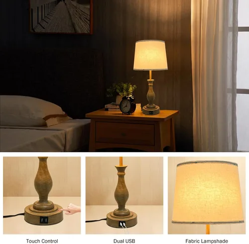 Vista 4 de LALISU Lámpara de mesa de granja con control táctil, lámpara de mesa regulable de 3 vías, lámpara moderna de mesita de noche con 2 puertos USB