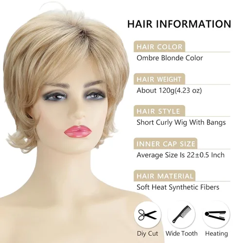 Vista 3 de TISHINING Pelucas Rizadas Cortas de Corte Pixie Ombre Rubias para Mujeres Blancas Peluca Rubia Mixta Esponjosa en Capas con Flequillo de Aspecto