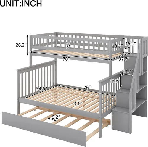 Vista 2 de Harper & Bright Designs Literas de tamaño individual sobre matrimonial, litera con escaleras y nido, literas de madera con estante de almacenamiento