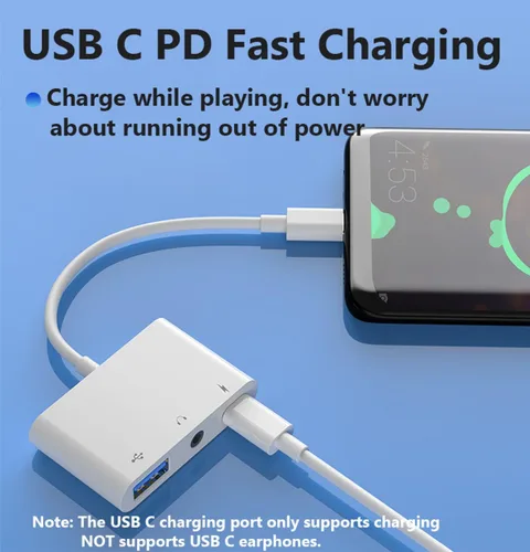 Vista 2 de Adaptador USB C a USB para MacBook, divisor USB C a USB-A OTG 3 en 1 con conector de audio de 0.138 in y puerto de carga rápida PD compatible