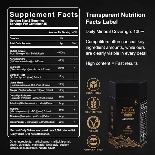 Vista 8 de Gomitas Shilajit orgánicas puras del Himalaya con Ashwagandha y musgo marino - Suplemento Shilajit dorado para hombres y mujeres, más de 105