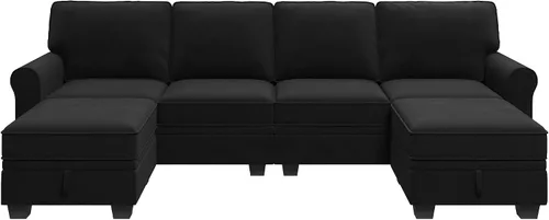 Vista 8 de HONBAY - Sofá seccional con asiento de almacenamiento de terciopelo, en forma de U, con tumbona reversible, sofá seccional convertible para sala