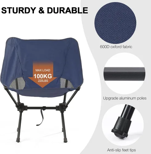 Vista 5 de Silla de camping portátil plegable, silla de senderismo ligera y compacta, silla de playa para adultos, azul