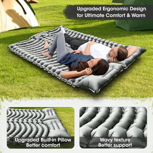 Vista 3 de Almohadilla de dormir doble autoinflable de 4 pulgadas de grosor para acampar de 2 personas, bomba de pie integrada, almohada ergonómica y diseño