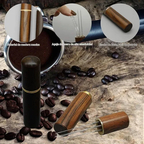 Vista 3 de 2 herramientas de distribución de espresso, herramienta agitadora de espresso con mango de madera natural y base, agitadores de café expreso de 5