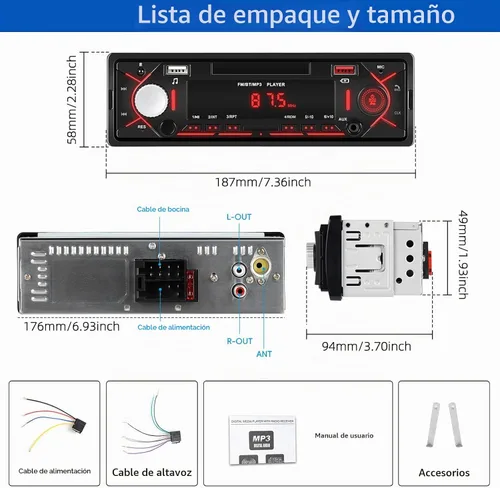 Vista 7 de Radio estéreo multimedia Bluetooth de un solo DIN, reproductor de MP3 de audio para automóvil, compatible con llamadas manos libres/USB/FM/TF/AUX