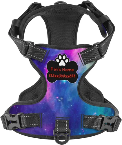 Vista 23 de Arnés personalizado para perro sin tirones, chaleco personalizado con bandera estadounidense para perro con número de teléfono y nombre de mascota