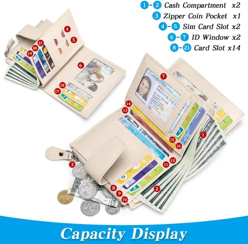 Vista 2 de Cartera de piel plegable con bloqueo RFID para mujer, tarjetero compacto con bolsillo con cremallera para monedas y 4 ventanas de identificación