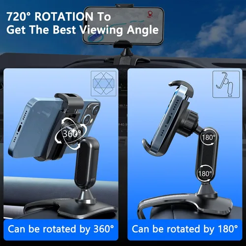 Vista 6 de Soporte para clip de teléfono para tablero de automóvil, soporte giratorio de 360° para volante de salpicadero compatible con teléfonos inteligentes