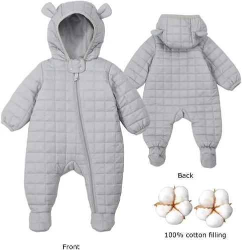 Vista 8 de DDY Traje de nieve para bebé niña niño de 0 a 3 meses, chaqueta de plumón con capucha, mameluco para bebé, mameluco para invierno, color gris