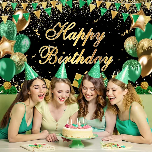 Vista 2 de Avezano Cartel verde de feliz cumpleaños verde dorado negro telón de fondo de feliz cumpleaños con purpurina decoración de fiesta de cumpleaños