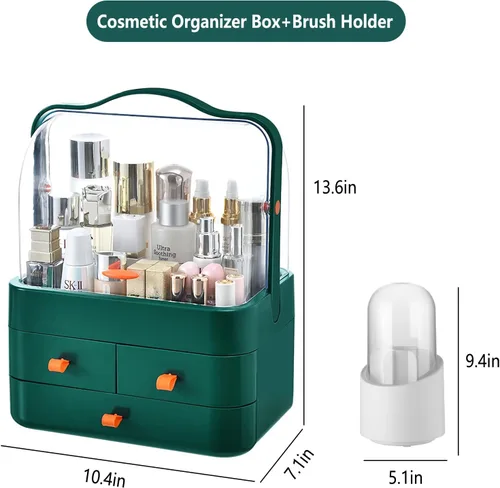 Vista 6 de Organizador de maquillaje grande con soporte para pinceles, organizador de cuidado de la piel impermeable y a prueba de polvo con tapa y cajones