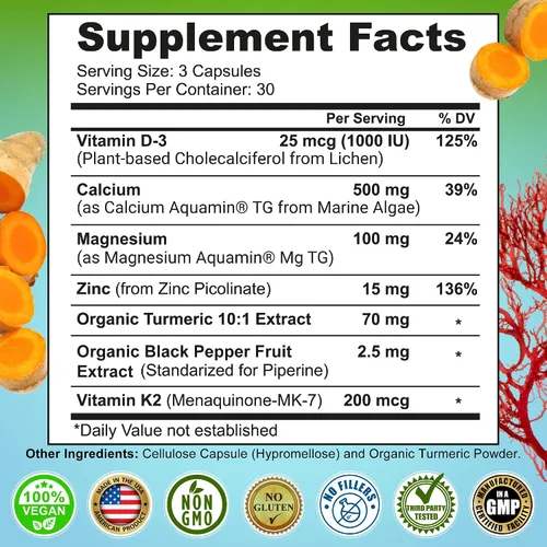 Vista 6 de Calcio a base de plantas 500mg (Aquamin) – Calcio vegano, magnesio, zinc y D3 con vitamina K2 y cúrcuma orgánica – Mejora la salud y la fuerza