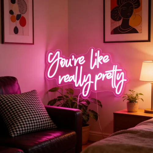 Vista 2 de Letrero de luz LED de neón rosa con texto en inglés "You're Like Really Pretty para decoración de pared de niñas, letrero de dormitorio, cumpleaños