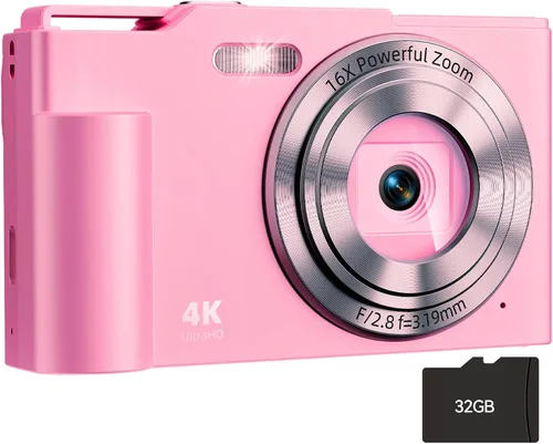 Vista 10 de Cámara digital, FHD 4K Cámara digital de apuntar y disparar con zoom de 16X antivibración, cámara pequeña compacta de 48 MP con tarjeta de 32 GB