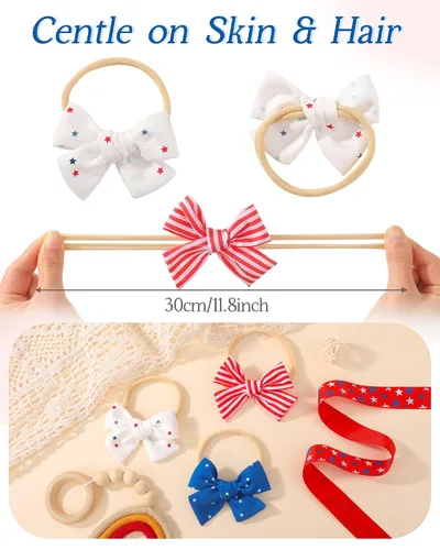 Vista 3 de doboi 3 diademas para el 4 de julio para niñas Star - Bandas de nailon y lino para el cabello, hechas a mano, accesorios para el cabello