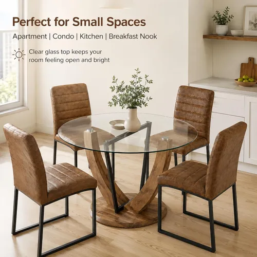 Vista 9 de Juego de mesa redonda de cristal de 5 piezas para 4, mesa de comedor moderna de 48 pulgadas con base de grano de madera, sillas tapizadas de gamuza