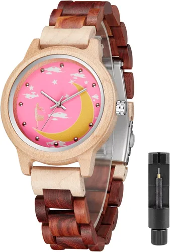 Vista 16 de Tiong Reloj de madera para mujer con correa de madera, diseño clásico analógico, colorido, de bambú, relojes para mujeres, parejas