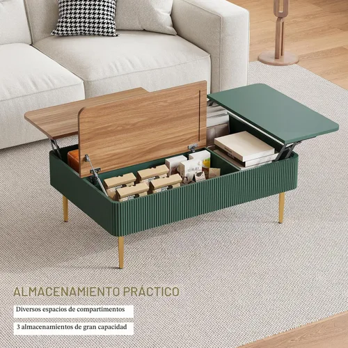 Vista 5 de HLR Mesa de Centro de 47" con Tapa de Elevación Doble y Almacenamiento, Mesa de Centro Moderna de Madera Acanalada con Compartimento Oculto, Mesa
