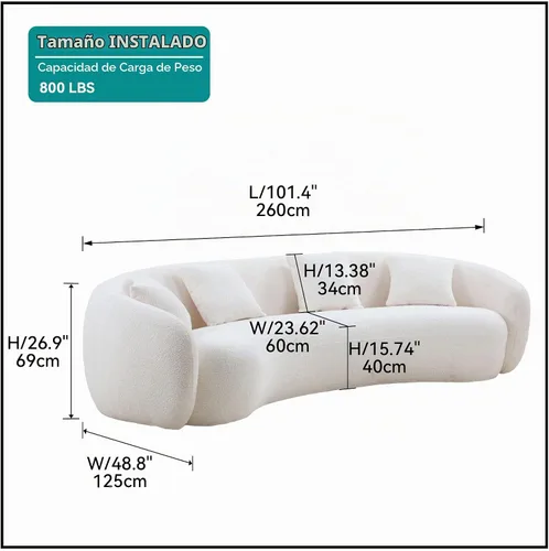 Vista 2 de Sofá curvado de 102 pulgadas, sofá modular Boucle moderno de 5 plazas, cómodo sofá tapizado en la nube de 5 asientos con almohadas para sala de Beige