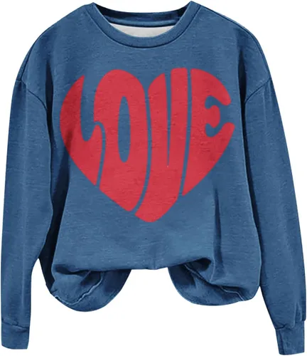 Vista 4 de TYISZIL Camisetas para el día de San Valentín para mujer, de manga larga, con estampado de corazón, cuello redondo, holgadas, cómodas, sin botones