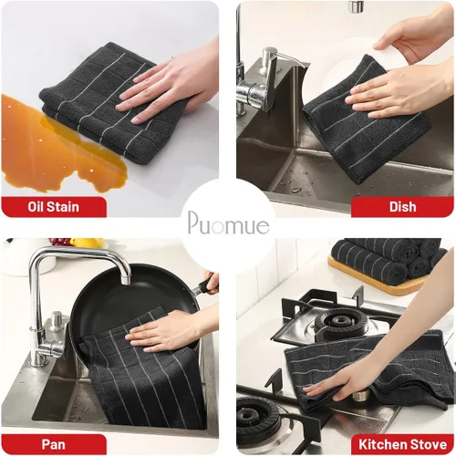 Vista 3 de Puomue Juego de toallas y paños de cocina de microfibra, 26 x 18 pulgadas y 12 x 12 pulgadas, juego de 12 paños de cocina a granel sin pelusa