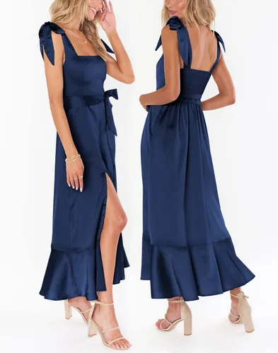 Vista 2 de MIRGLER Vestido de satén con cuello cuadrado para mujer, con lazo en la espalda, cintura alta, volantes, acampanado, abertura lateral, vestidos midi