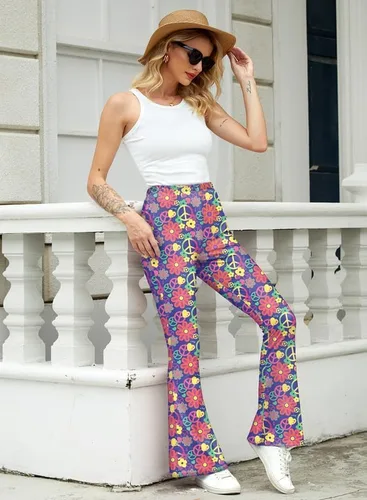 Vista 5 de For G and PL Pantalones de disfraz hippie para mujer, pantalones florales acampanados, cintura alta, pantalones de pierna ancha