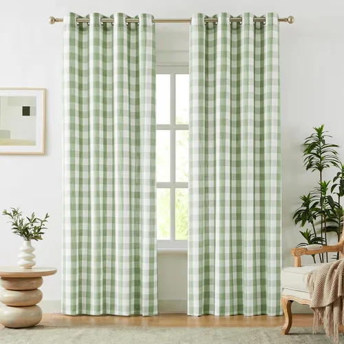 Vista 25 de Amzdecor Cortinas a cuadros con ojales de búfalo de 54 pulgadas de largo, cortinas texturizadas semitransparentes para sala de estar, dormitorio