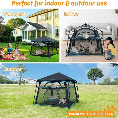 Vista 3 de Catio extragrande para gatos al aire libre, tienda de campaña plegable de 2 niveles con 3 puertas para patio, balcón, interior y campamento