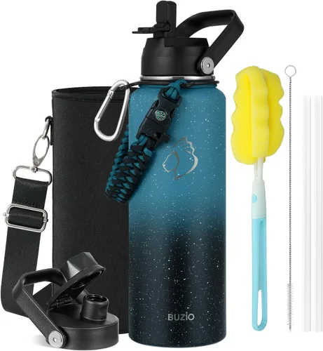 Vista 37 de BUZIO Botella de agua de 32 onzas aislada con popote y 3 tapas y bolsa de transporte, a prueba de fugas, frasco jarra de agua de acero inoxidable