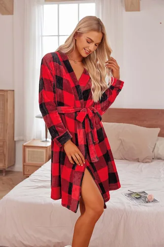 Vista 3 de Ekouaer Bata de baño de vellón para mujer, bata de manga larga, bata de felpa con cinturón adjunto, ropa de dormir suave, ropa de descanso