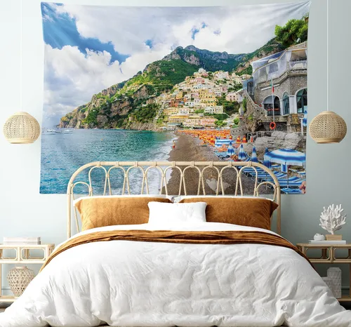 Vista 5 de Lunarable Tapiz de la costa de Amalfi, tumbonas y sombrillas en la playa, casas de pueblo antiguo Positano on Campania, Italia, decoración de tela