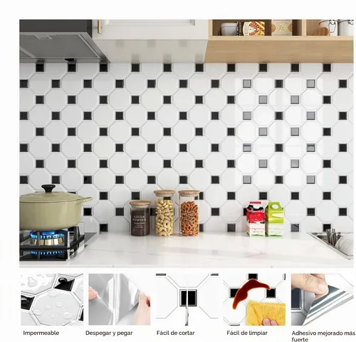 Vista 2 de FunStick Protector contra salpicaduras hexagonales blancas para cocina, de 12 x 12 pulgadas, removible, parte trasera cuadrada negra, despegar