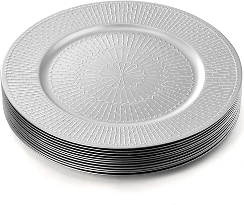 Vista 4 de DEAYOU Paquete de 12 platos de carga plateados, cargadores de cuentas de 13 pulgadas para platos de cena, platos de carga redondos reutilizables