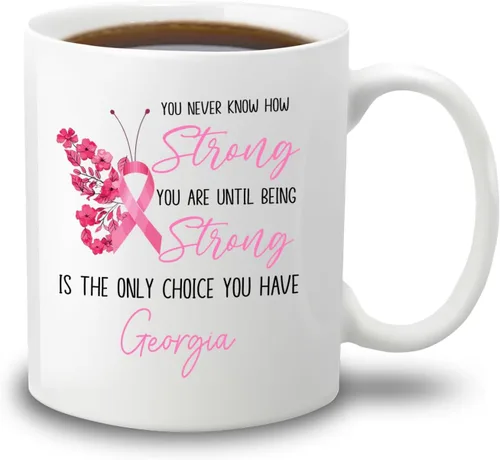Vista 18 de Taza de café de concientización sobre el cáncer de mama con nombre personalizado, taza de café de 11 onzas, taza de té de cerámica blanca
