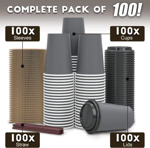 Vista 7 de Paquete de 100 tazas de café desechables de 12 onzas para llevar con tapas, fundas y pajitas, 100% biodegradables y compostables, tazas de café