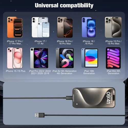 Vista 6 de Cable CarPlay para iPhone 18 Pro Max 17/16/15, USB A a USB C para Carplay Negro