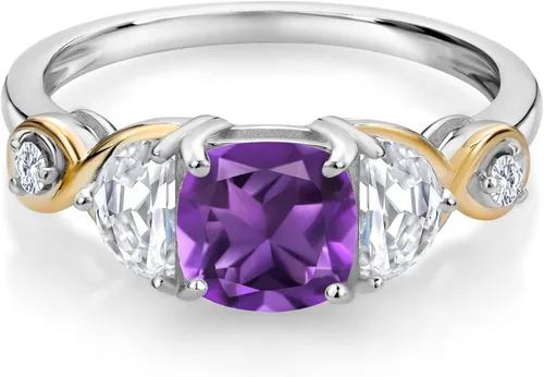 Vista 2 de Gem Stone King Plata 925 y oro amarillo de 10 quilates, cojín de anillo de 3 piedras amatista media luna creada moissanita y diamante cultivado