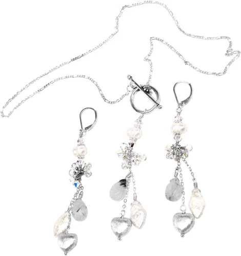Vista 3 de Rutilated Quartz Cultured Pearl Sterling Silver Heart Chain Dangle Chandelier Earrings