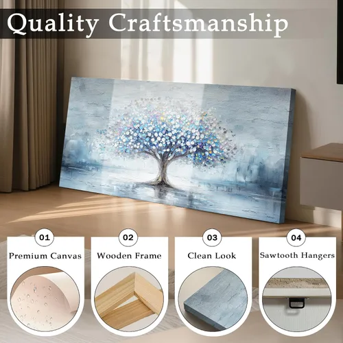 Vista 3 de imjiayu Arte de pared de árbol de la vida, arte de pared grande, decoración de pared azul, impresiones en lienzo de paisaje abstracto, pinturas