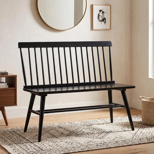 Vista 8 de DUHOME Banco de entrada, Banco de comedor negro con respaldo de espiral, Banco de madera de casa rural Windsor para vestíbulo, balcón, sala