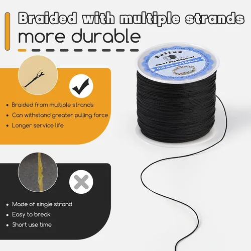 Vista 3 de Cuerda encerada de 0.020 in, hilo de cuentas negras, cuerda de amistad Cuerda de 116 yardas para hacer pulseras, collar encerado, hilo para hacer