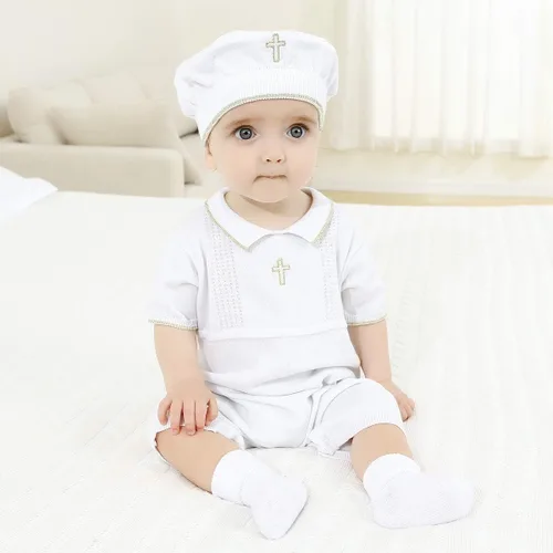 Vista 2 de HAPIU Traje de bautismo para bebé niño con sombrero y calcetines, traje de bautizo con detalle de cruz