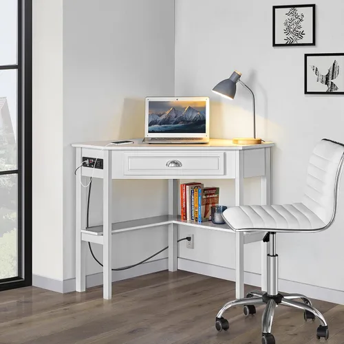 Vista 2 de Yaheetech - Escritorio esquinero en forma de L y silla blanca USB ports, storage drawer and shelf, space-saving corner fit, modern style, sturdy