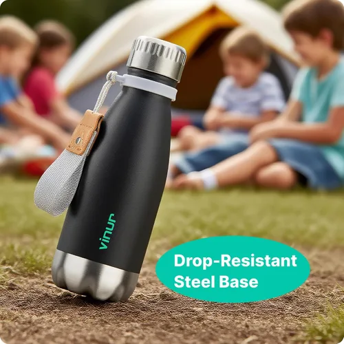 Vista 4 de VINUR Botella de agua para niños, 9 onzas, acero inoxidable, doble pared, aislada al vacío, botella de agua para la escuela, frasco en forma de cola