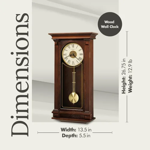 Vista 2 de Howard Miller Sinclair - Reloj de pared, acabado de madera con chapa de madera de teca y columnas acanaladas, doble campanilla Westminster y Ave