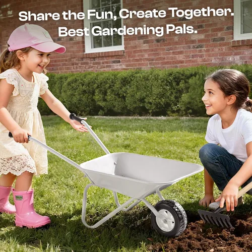 Vista 7 de ROBUD Herramientas de jardinería para niños, juego de juguetes al aire libre con carretilla para niños, 9 piezas de carretilla de metal para niños