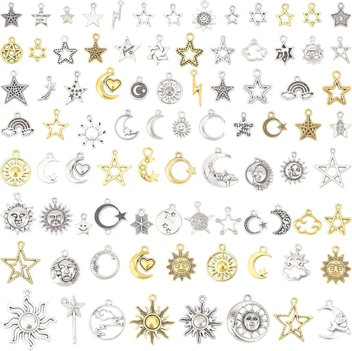 Vista 7 de SUPERFINDINGS Colgantes de estilo tibetano con diseño de estrella de sol y luna, colgantes de metal de plata tibetana suave para manualidades