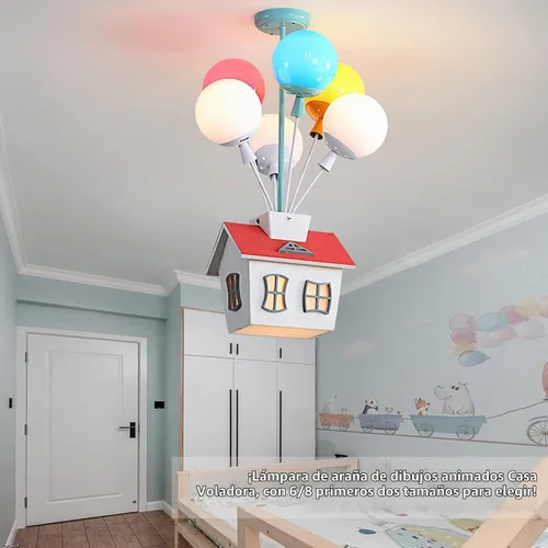 Vista 4 de Lámpara de techo con forma de casa para niños, araña de madera con forma de caricatura, con pantalla acrílica, lámpara de techo Sputnik